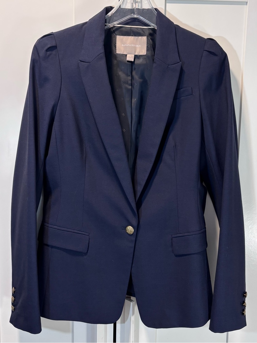 Banana Republic Wool Blazer Womens 8 Navy Gold Crest Buttons Puff Shoulder Work